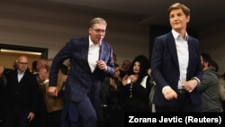 Serbia's Aleksandar Vucic takes to the stage to concede defeat for this Serbian Progressive Party (SNS) list.
