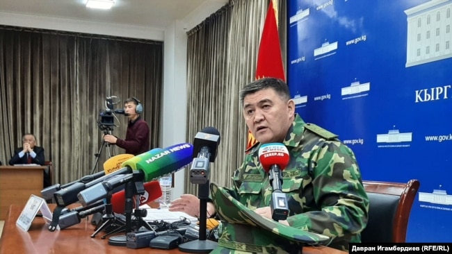 Глава ГКНБ Кыргызстана Камчыбек Ташиев на пресс-конференции 26 марта после возвращения с переговоров по границе с узбекской стороной.