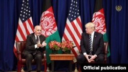 Afghanistan - (R-L) US President Donald Trump with (L-R) Afghan president Mohammad Ashraf Ghani and his delegation during a meeting in New York, 21 September 2017 