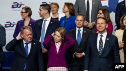 EU foreign policy chief Kaja Kallas (front center) and European foreign ministers prepare to pose for a photo at the informal Gymnich council held in Warsaw in May 2025. This year's event takes place in Ireland on September 1-2 and is expected set out EU strategy ahead of the United Nations General Assembly later this month.