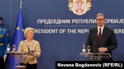 Predsednica Evropske Komisije Ursula fon der Lajen (von der Leyen) i predsednik Srbije Aleksandar Vučić, u Beogradu, Srbija, 15. oktobar 2025.