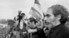 Azerbaijani President Abulfaz Elcibey (right) addresses supporters next to Baku's parliament building in May 1992.