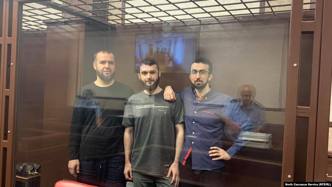 Abubakar Rizvanov (left to right), Kemal Tambiyev, and Abdulmumin Gadzhiyev appear in the courtroom
in August 2021.