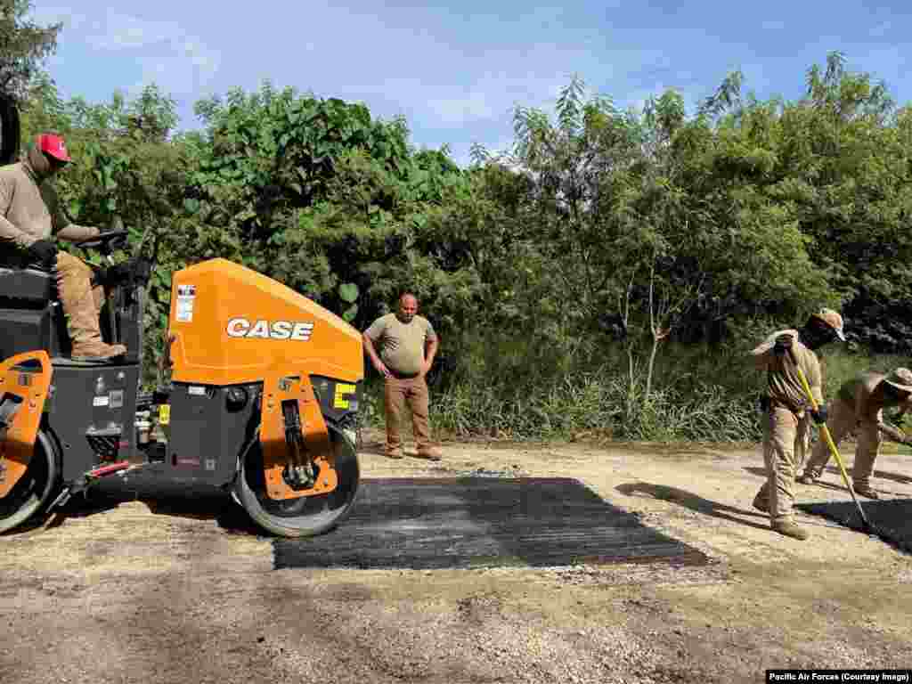 Military engineers restoring infrastructure on Tinian in a photo released on September 30.“Building new is not the way to go and it’s very expensive,” Lieutenant Frank Blaz said in an Air Force video describing the Tinian project to rebuild World War II-era infrastructure. “Repairing and rehabilitating what exists is a much better economic solution.”