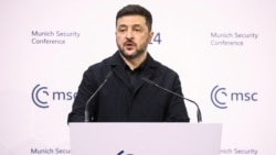Volodymyr Zelenskyy speaking at the Munich Security Conference on February 14.