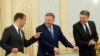 Kazakhstan - Prime Ministers Dmitry Medvedev (L) of Russia, Andrey Kobyakov (C) of Belarus and Karen Karapetian of Armenia arrive for a meeting with Kazakh President Nursultan Nazarabyev in Astana, 14Aug2017.