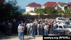 Some of the striking Kazakh oil workers who were dismissed gathered for a protest in Aktau on September 1.