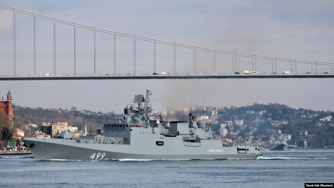 The Russian Navy's frigate Admiral Makarov sets sail in the Bosphorus on its way to the Mediterranean Sea on February 28.