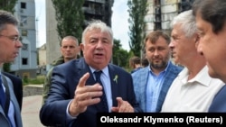 UKRAINE – French Senate President Gerard Larcher visits the town of Borodianka, which was heavily damaged during Russia's invasion of Ukraine, outside of Kyiv, July 8, 2022