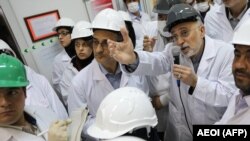 IRAN -- Head of the Atomic Energy Organisation of Iran (AEOI), Ali Akbar Salehi (2nd-R)) addresses workers during a visit at the nuclear power plant of Natanz, November 4, 2019