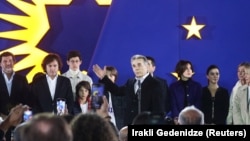 Georgian Dream party founder Bidzina Ivanishvili speaks after the announcement of exit poll results at party headquarters in Tbilisi on October 26.