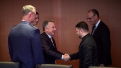 German Chancellor Friedrich Merz (right) watches as US special envoy Steve Witkoff and Ukrainian President Volodymyr Zelenskyy greet one another at the Chancellery in Berlin on December 14.