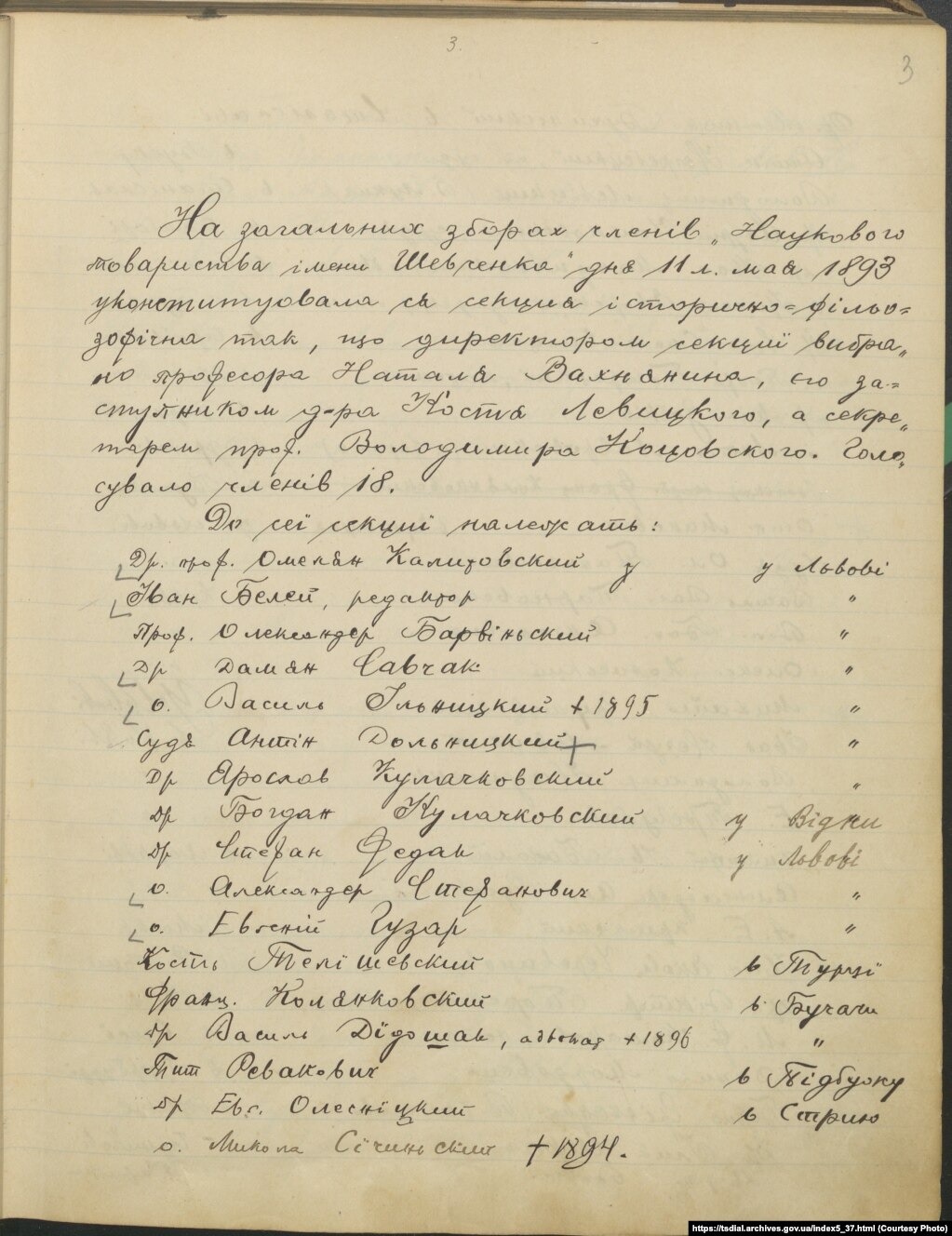 Протокол установчих зборів та першого засідання Історично-філософічної секції