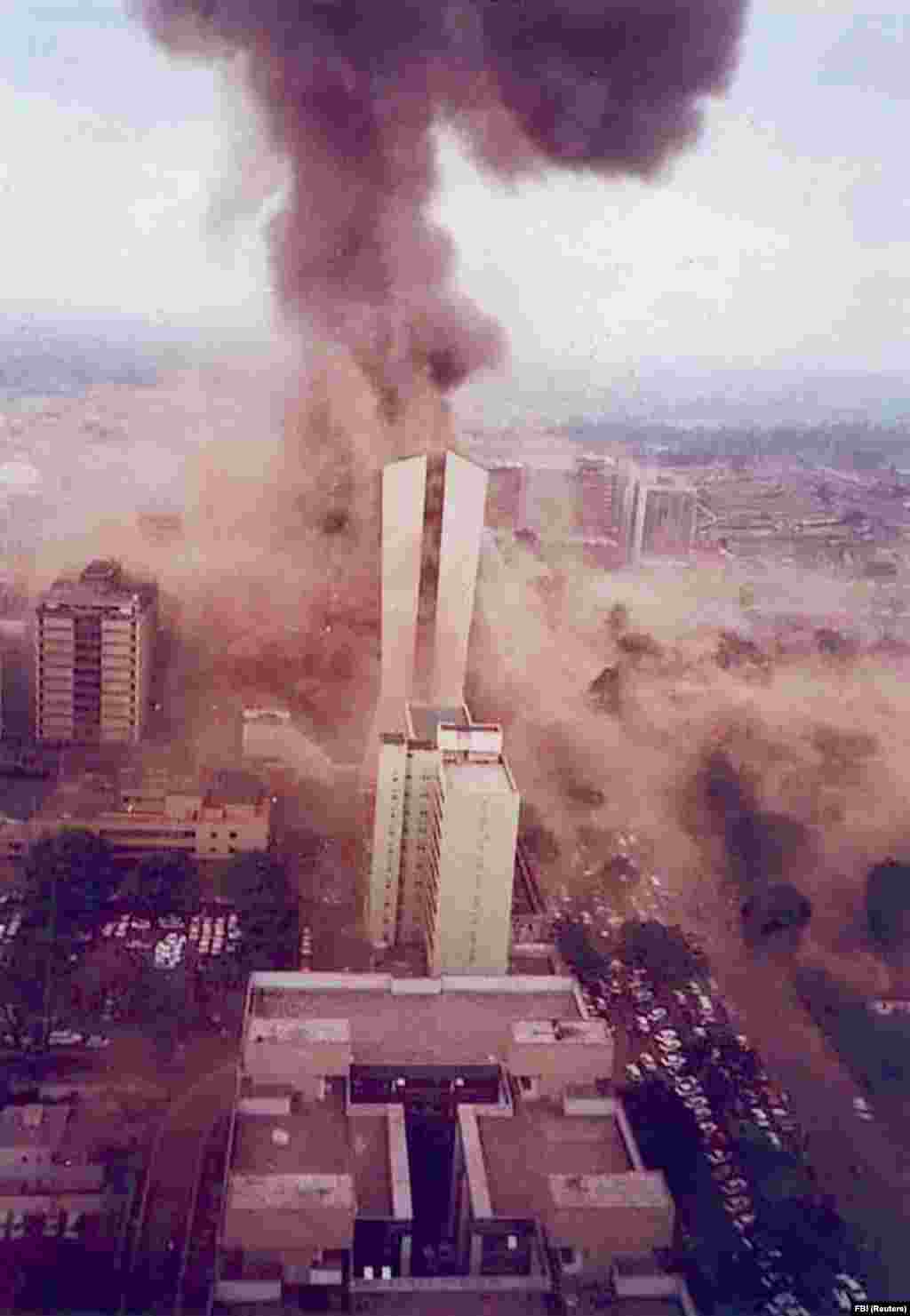 A plume of smoke shoots into the sky moments after a truck-bomb explosion at the U.S. Embassy in Nairobi, Kenya, in 1998. &nbsp; Through the 1990s, bin Laden claimed responsibility for several terror attacks, including the truck bombings of U.S. embassies in Kenya and Tanzania. The vast majority of the 224 people killed in the attacks were local Africans.