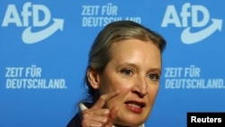 Alternative for Germany party leader Alice Weidel addresses supporters an AfD election campaign rally in Neu-Isenburg, Germany, February 1, 2025.