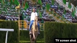 President Gurbanguly Berdymukhammedov was shown on state television riding a horse in front of the crowd.