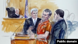 An artist's rendering shows Irek Hamidullin, front center, his attorney Robert Wagner, front left, and interpreter Ihab Samra, front right, as judge Henry Hudson, left, listens in Federal Court in Richmond, Virginia, in November 2014.