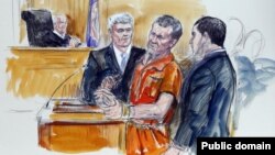 Artist rendering shows Irek Hamidullin, front center, his attorney Robert Wagner, front left, and interpreter Ihab Samra, front right, as judge Henry Hudson, left, listens in Federal Court in Richmond, Va., in 2014.