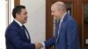 RFE/RL President Jamie Fly (right) meets with Kyrgyz President Sadyr Japarov in Bishkek in September 2021.