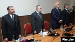 Armenia -- Karapet Rubinian (second from right) and Alexander Arzumanian (left) at a congress of the Armenian Pan-National Movement , Yerevan, 26Oct2013