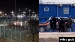 Ресейдің Усть-Луга қаласындағы жұмысшылар кентінде болған жанжал туралы видеолар скриншотынан жасалған коллаж.