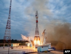 A Soyuz 2.1b rocket with the Luna-25 lander blasts off from the launch pad at the Vostochny cosmodrome in Russia's Amur region on August 11.