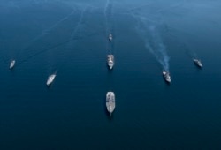 NATO ships sail in formation during Boltops 20 exercises in the Baltic Sea on June 8.