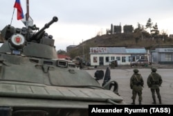 Russian peacekeepers keep watch in the town of Lachin (Berdzor).