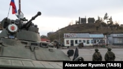 Russian peacekeepers guard the area in the town of Lachin (file photo).