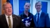 Mike Pompeo speaks while in the backdrop an image of Michael White (C), a former prisoner in Iran is seen. June 10, 2020