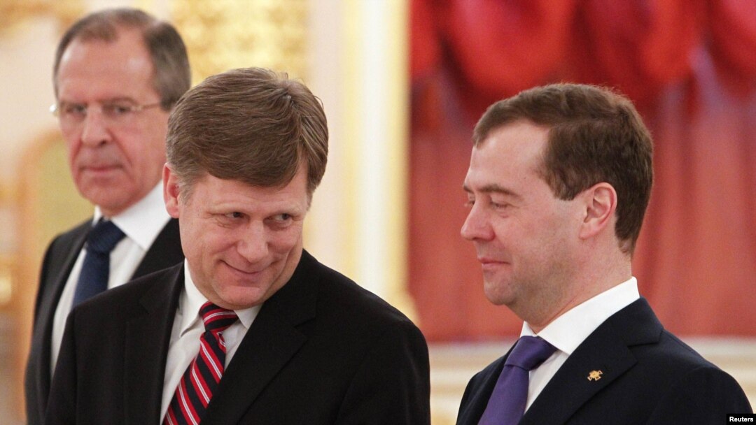 Russian President Dmitry Medvedev (right), Foreign Minister Sergei Lavrov (left), and U.S. Ambassador Michael McFaul at the Kremlin in February