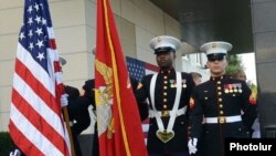 Armenia - U.S. marines participate in an Independence Day reception at the U.S. Embassy in Yerevan, 2Jul2014.