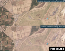 Satellite images of the Iran-Turkmenistan Sarakhs border crossing on Februay 27 and March 1, respectively.