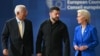 European Council President Antonio Costa (left), Ukraine's President Volodymyr Zelenskyy (center), and European Commission President Ursula von der Leyen (right) arrive to attend an EU summit in Brussels on October 16.