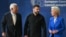 European Council President Antonio Costa (left), Ukraine's President Volodymyr Zelenskyy (center), and European Commission President Ursula von der Leyen (right) arrive to attend an EU summit in Brussels on October 16.