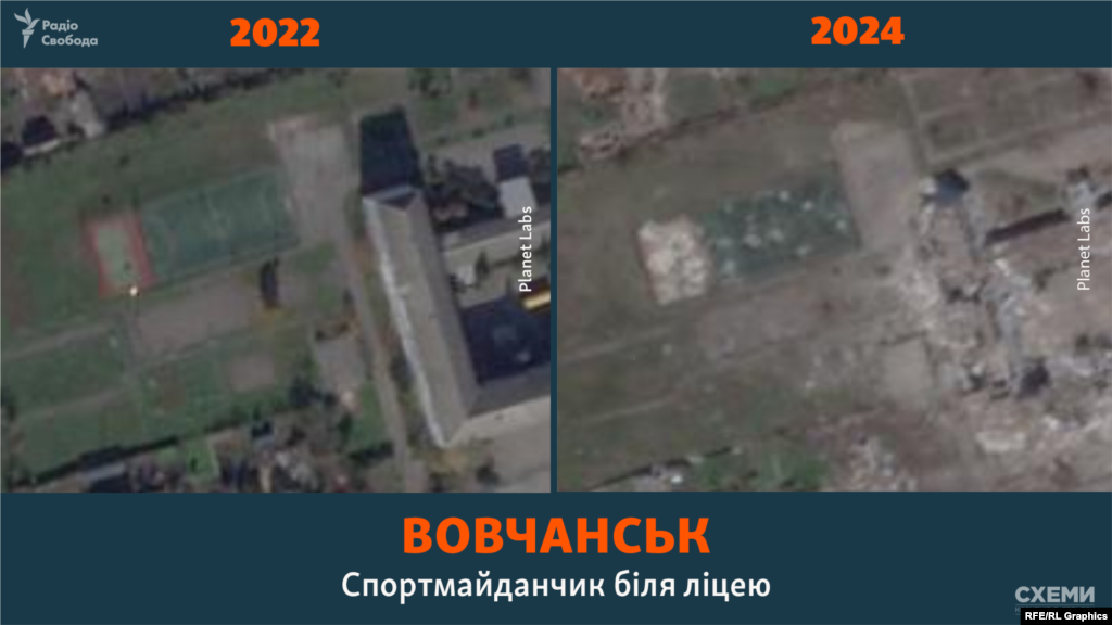 Спортмайданчик біля ліцею, м. Вовчанськ (жовтень 2022 року / червень 2024 року)