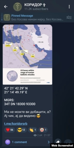 Objava na Telegram kanalu Koridor