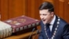 UKRAINE -- Ukrainian new president Volodymyr Zelenskiy speaks after taking the oath of office during his inauguration ceremony in the parliament hall in Kyiv, May 20, 2019