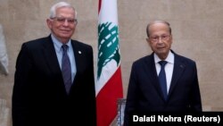 جوزف بوریل، رئیس پالیسی خارجی اتحادیه اروپا (چپ) و میشل عون، رئیس جمهور لبنان