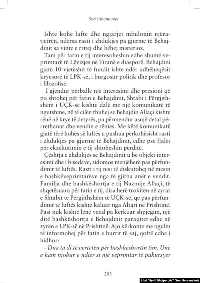 Kapitulli lidhur me zhdukjen e Behajdin Allaqit në librin "Syri i Shqiponjës" nga Ilaz Kadolli.