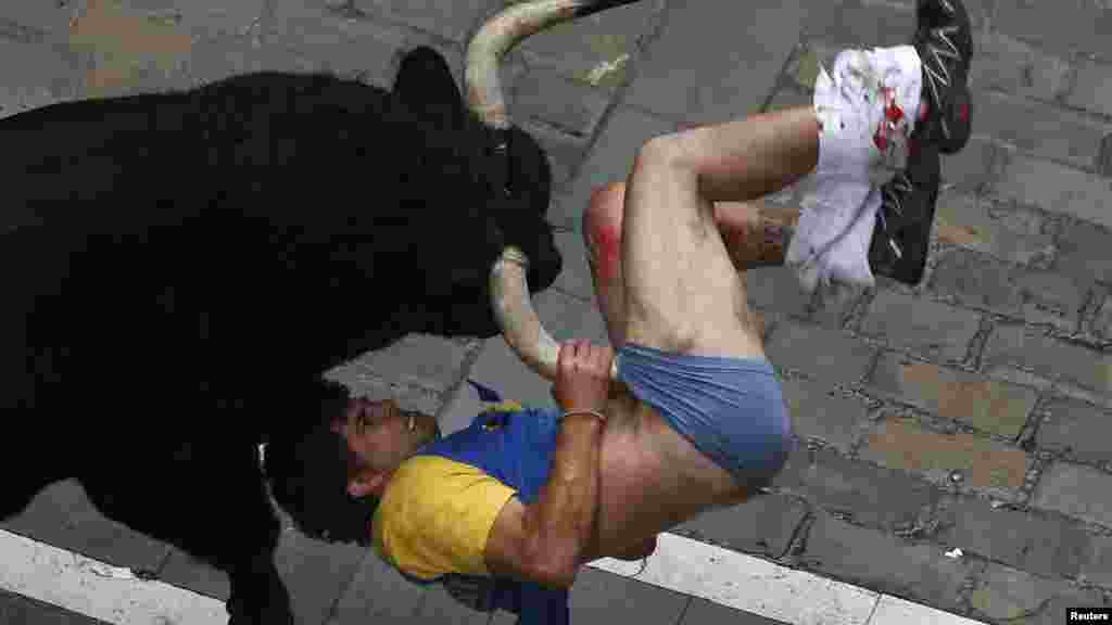 İspaniyada festival zamanı buğa cəsarət düşkününü buynuzlayır. 12 iyul 2013. &nbsp; 