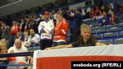 Belarusian fans at their country's Ice Hockey World Cup match against the United States in Ostrava, Czech Republic. 