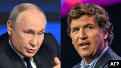 Președintele Rusiei, Vladimir Putin, și prezentatorul TV american Tucker Carlson (dreapta). Combinație de imagini creată pe 6 februarie 2024.