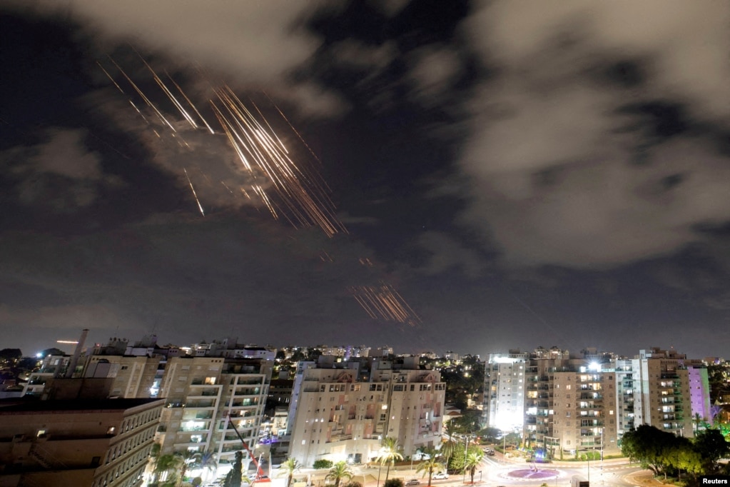 Israel's Iron Dome anti-missile system intercepts rockets, as seen from Ashkelon, Israel, on October 1.