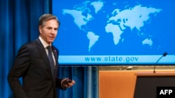U.S. Secretary of State Antony Blinken arrives to speak at a news conference at the State Department in Washington, D.C., on February 26.