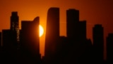 The sun rises over the Moscow-City business district in the Russian capital.&nbsp;