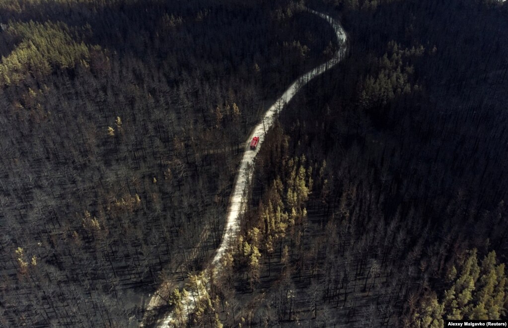 Një kamion zjarrfikës duke lëvizur nëpër një pyll të shkrumbuar nga një zjarr i egër, në rajonin e Çeljabinskut, në Rusi. (12 korrik)