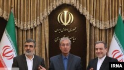 Iranian officials announcing decision for higher-grade uranium enrichment in a press conference in Tehran. July 7, 2019