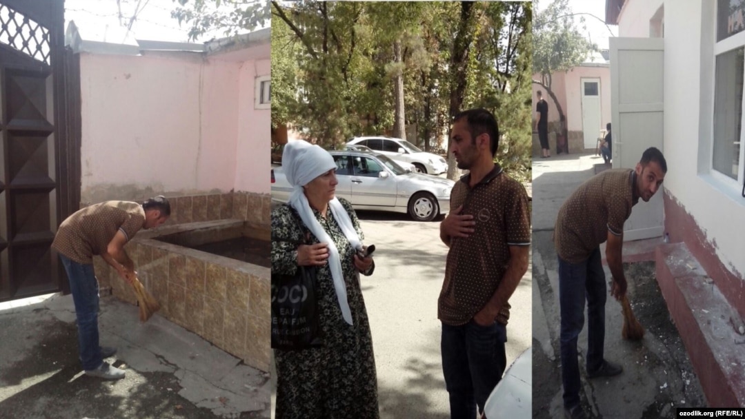 A Tajik man in Dushanbe doing menial labor as a penalty for being caught making lewd comments to women.