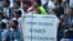 General view of a banner displayed by fans referring to the ban for Iranian women during the World Cup in Russia. June 15, 2018